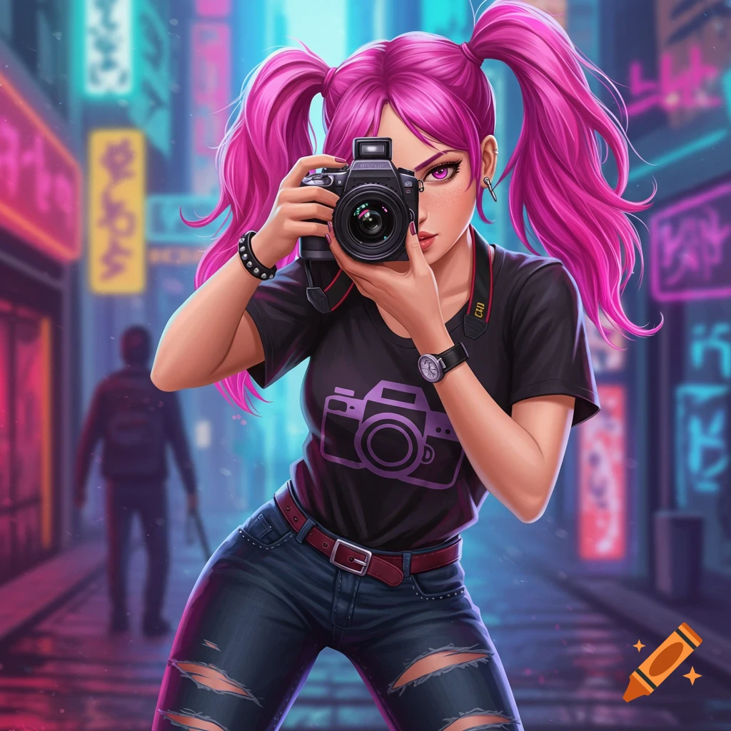 Anime style illustration of a person with pink pigtails holding a camera in a neon-lit city street.