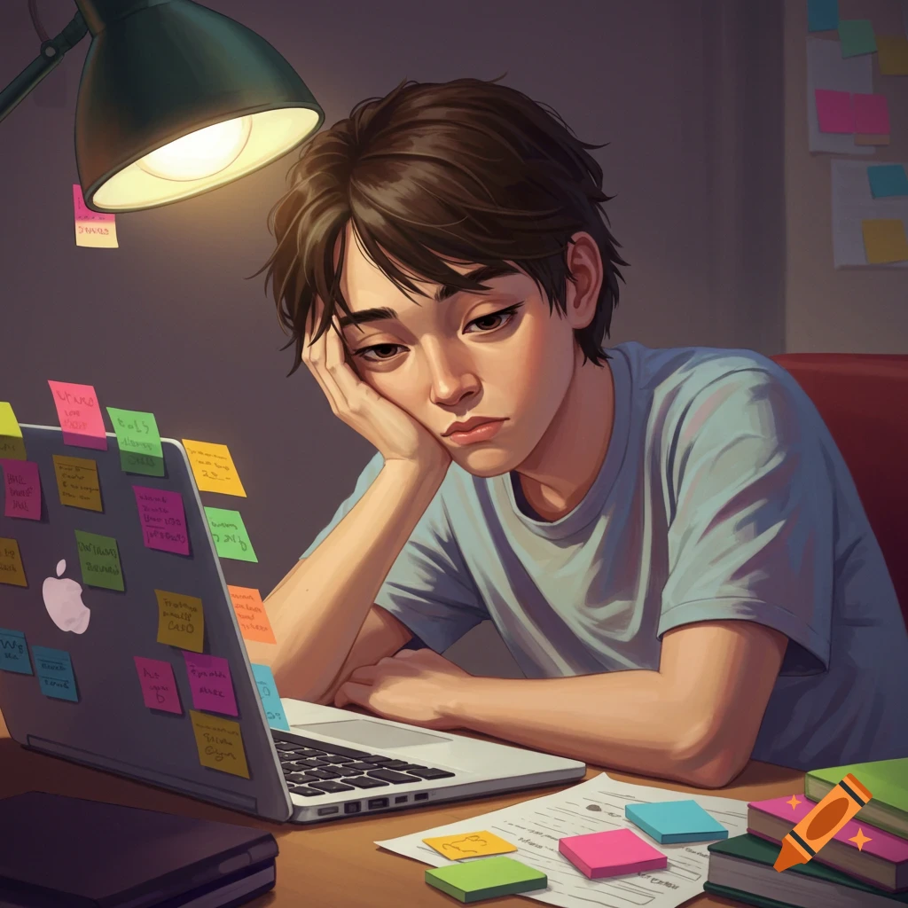 Painting of a bored student resting head on hand while sitting at a desk with a laptop covered in sticky notes.