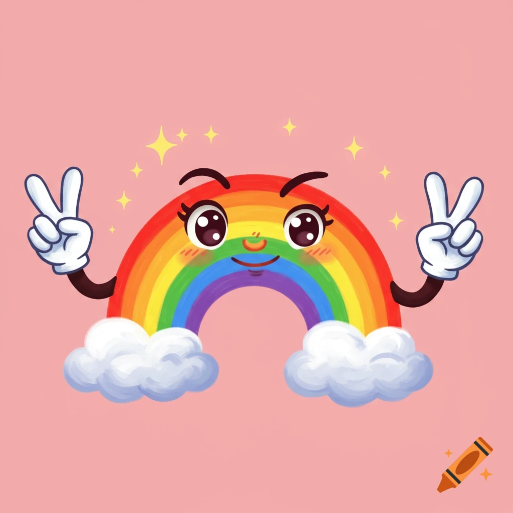 Cartoon rainbow character with face doing peace signs, standing on clouds with stars.