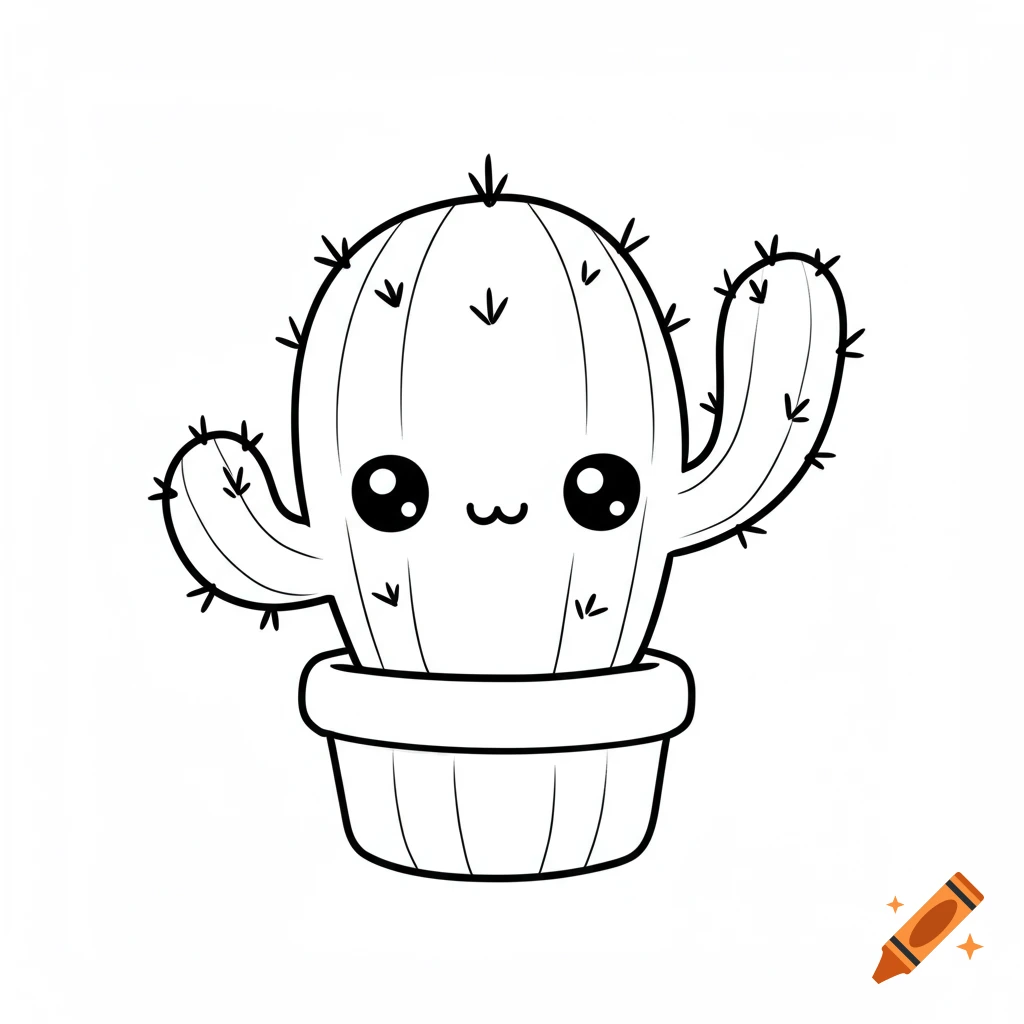 A black line drawing of a cute smiling cartoon cactus in a pot.
