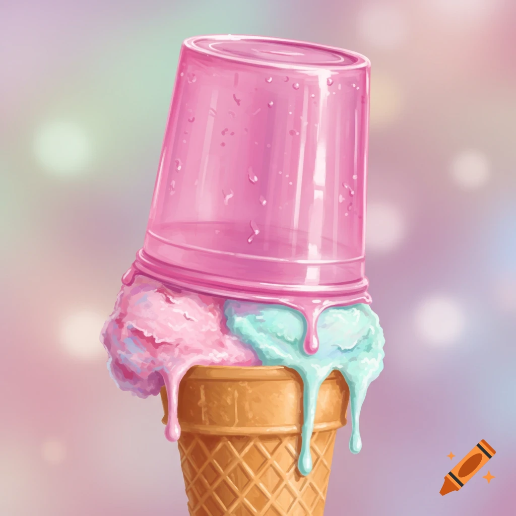 A pink plastic cup covers a cone with melting pink and blue ice cream.