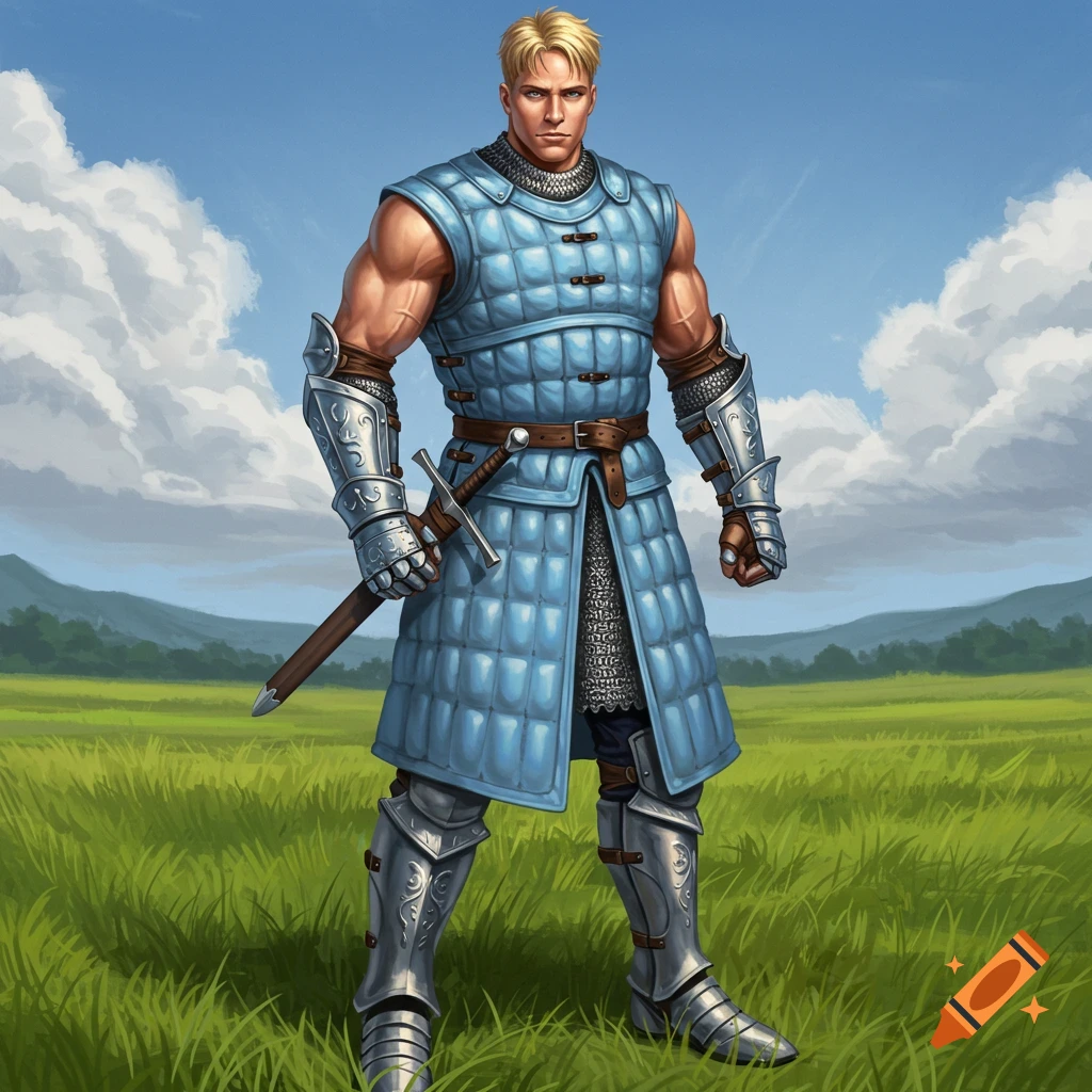 A blonde male knight in blue padded armor and chainmail, holding a sword in a field.