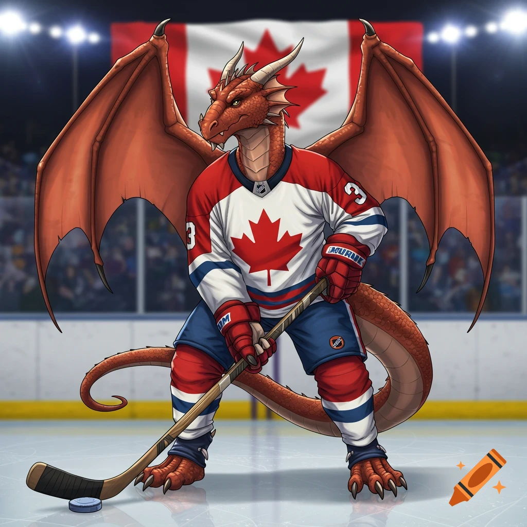 A red dragon in a Canadian hockey jersey plays on an ice rink with a flag background.