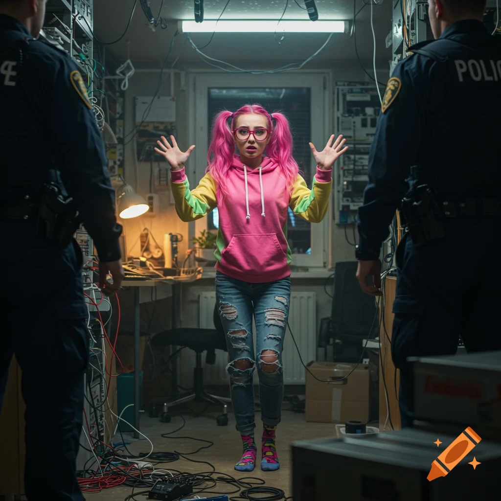 Cute geeky female computer hacker arrested in her apartment on Craiyon
