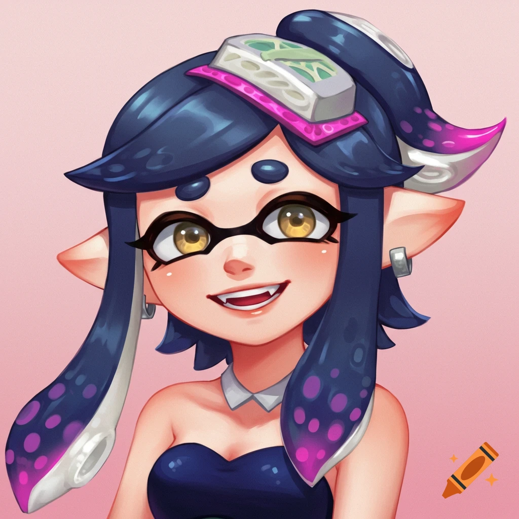 Portrait of an anime-style character with blue hair, yellow eyes, and a wide smile, from Splatoon.