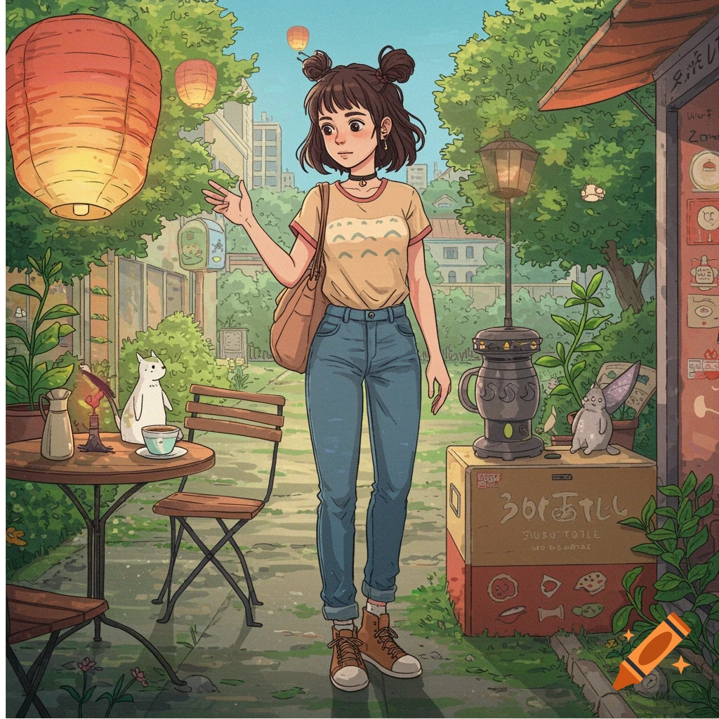 Young woman with cat at outdoor cafe table, rabbit nearby, anime style.