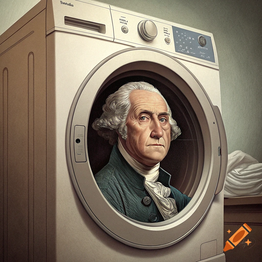 George Washington peering out from inside a washing machine.