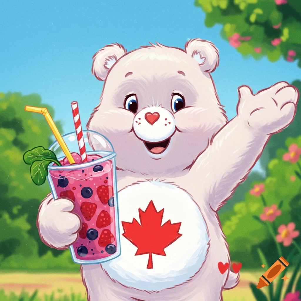 Cartoon Care Bear with a Canadian flag on its belly holds a berry smoothie and waves.