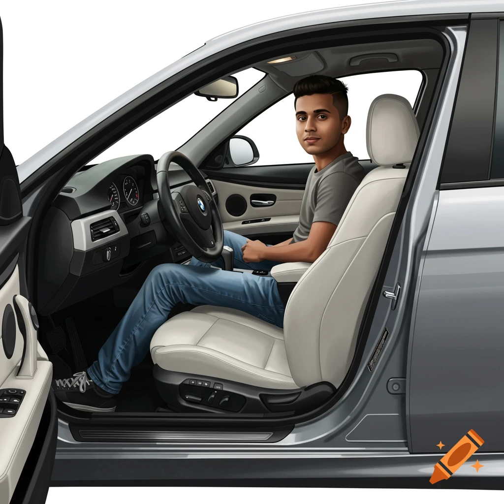 A young man sits in the driver's seat of a grey car.