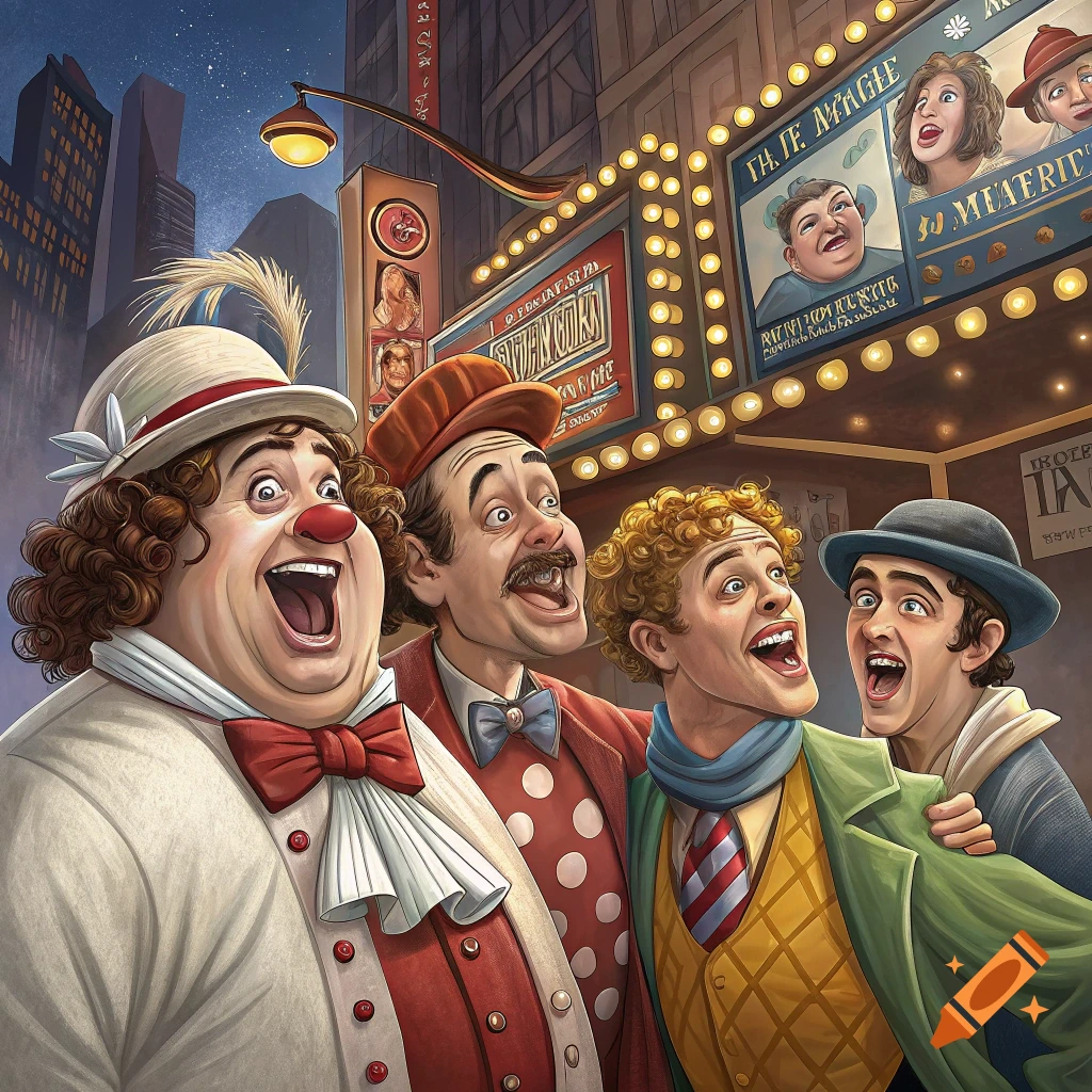 Caricature of four men in theatrical attire standing outside a Broadway theatre at night.