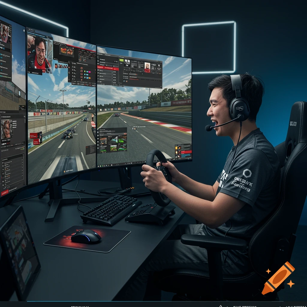 A person plays a racing simulation game on multiple monitors with a steering wheel and headset.