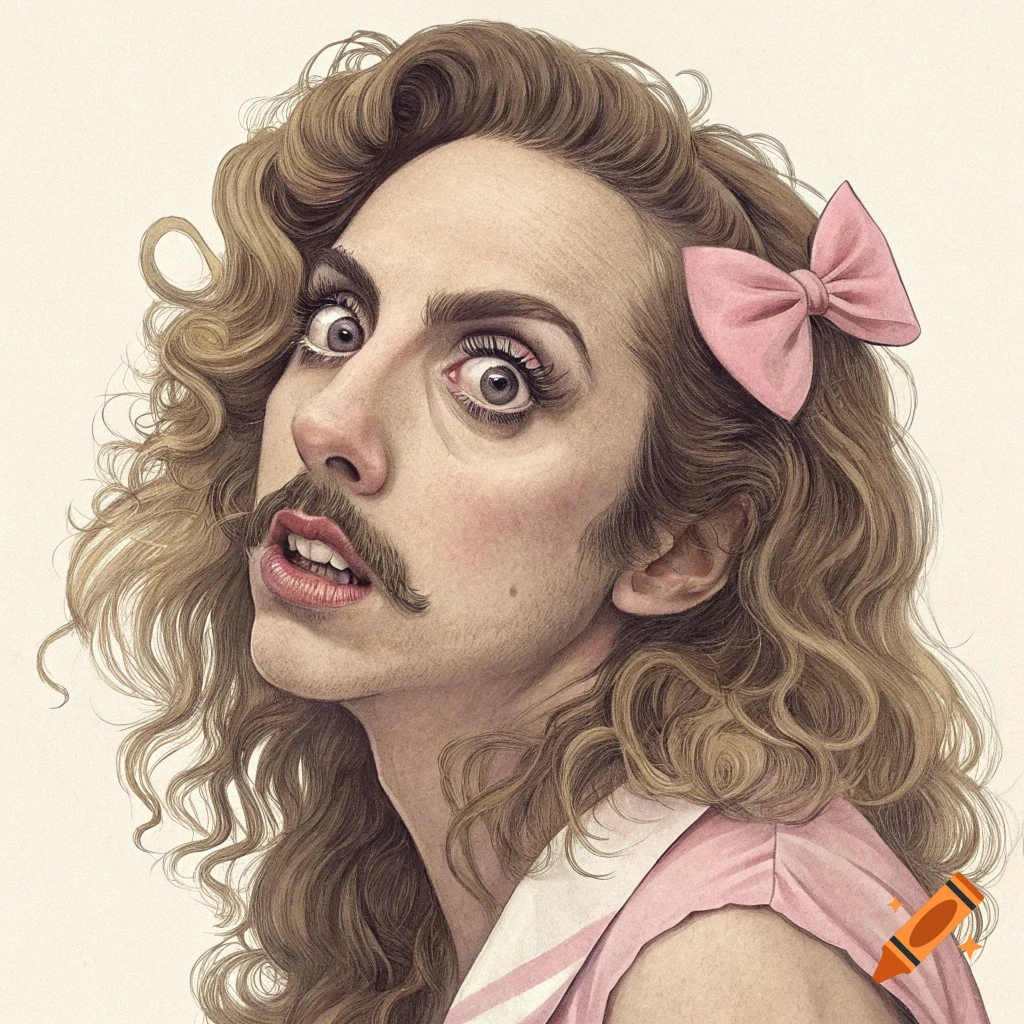 Close-up illustrated portrait of a person with wide eyes, mustache, and pink bow wearing a pink dress.