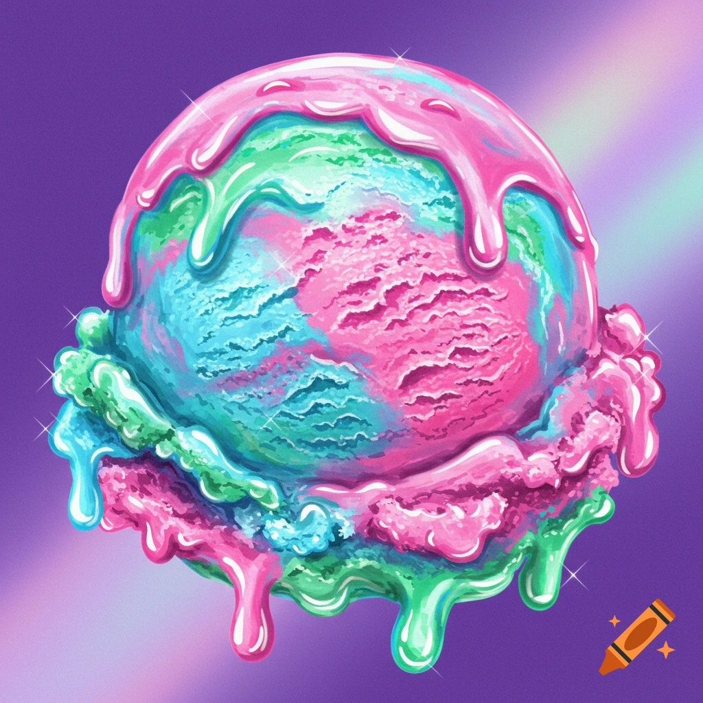 Melting scoop of pink, blue, and green ice cream.