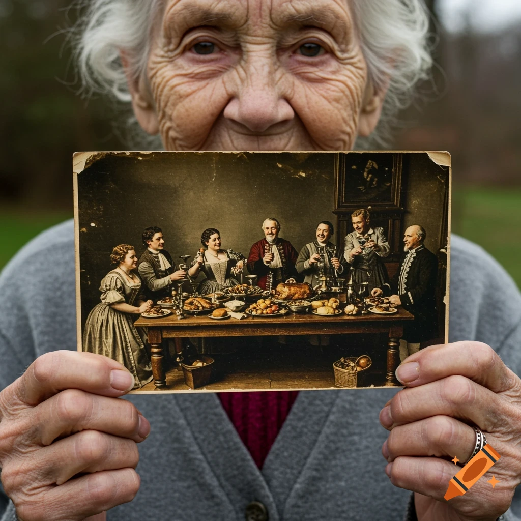 Elderly woman holding a vintage photo of a historical feast.