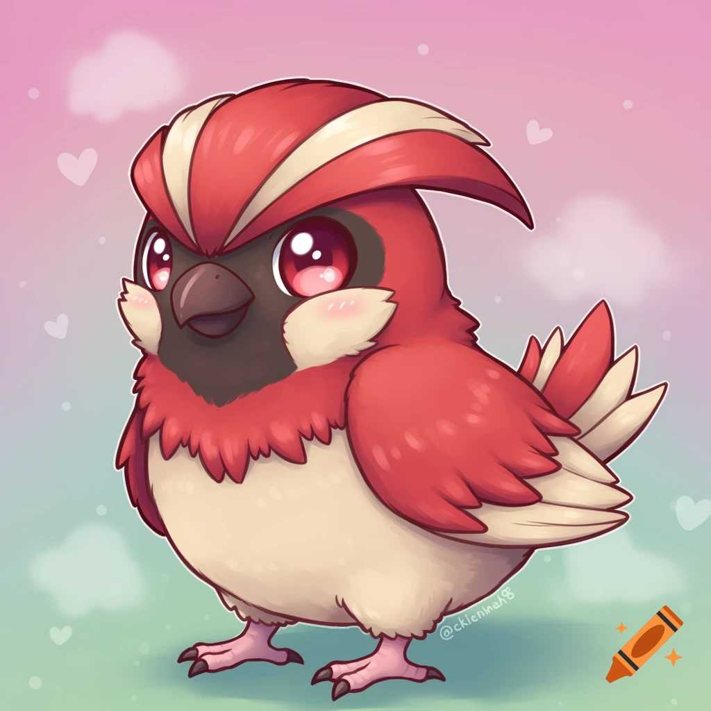 Cute chibi bird character, red and black, pink background.
