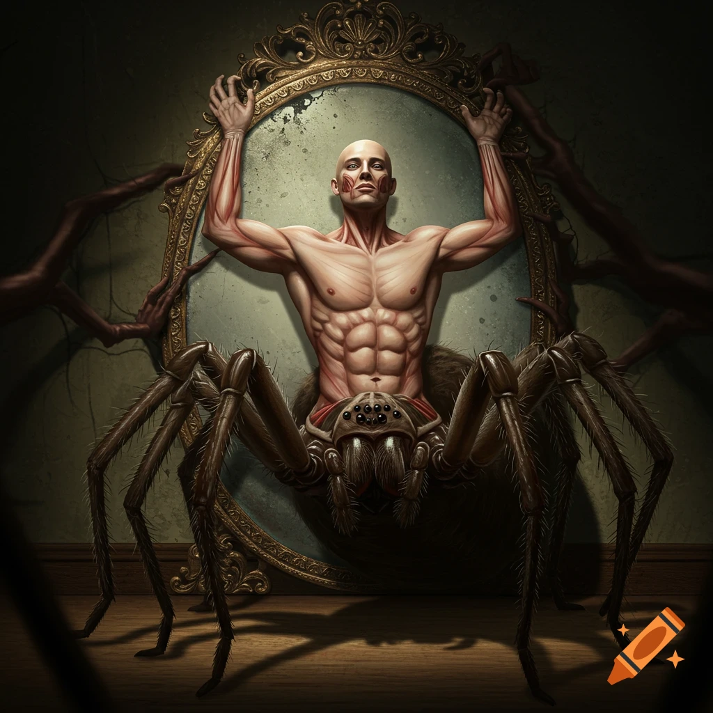 Spider Human Base A large jumping spider with human legs wearing jeans and sneakers sits ...