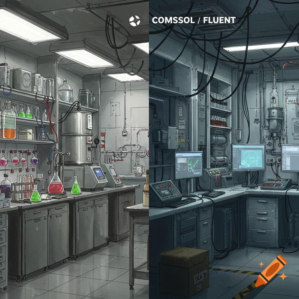 A divided laboratory scene, one side with chemistry equipment, the other with computers.