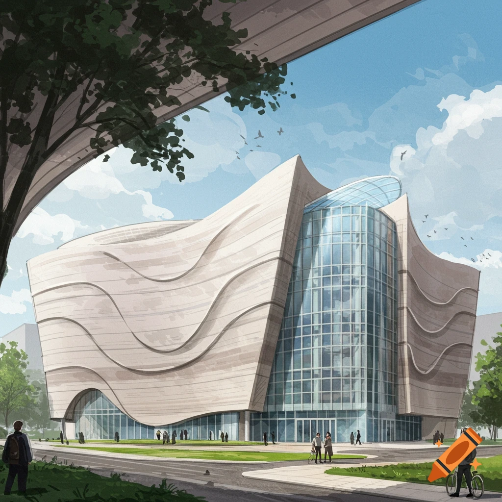 A modern museum building with wavy walls and a glass facade.