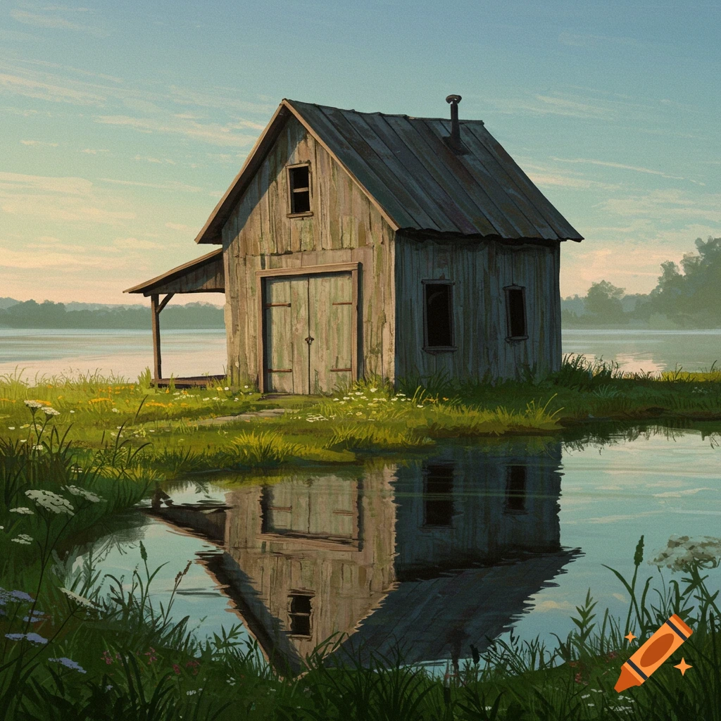A rustic wooden shed stands by a tranquil lake.