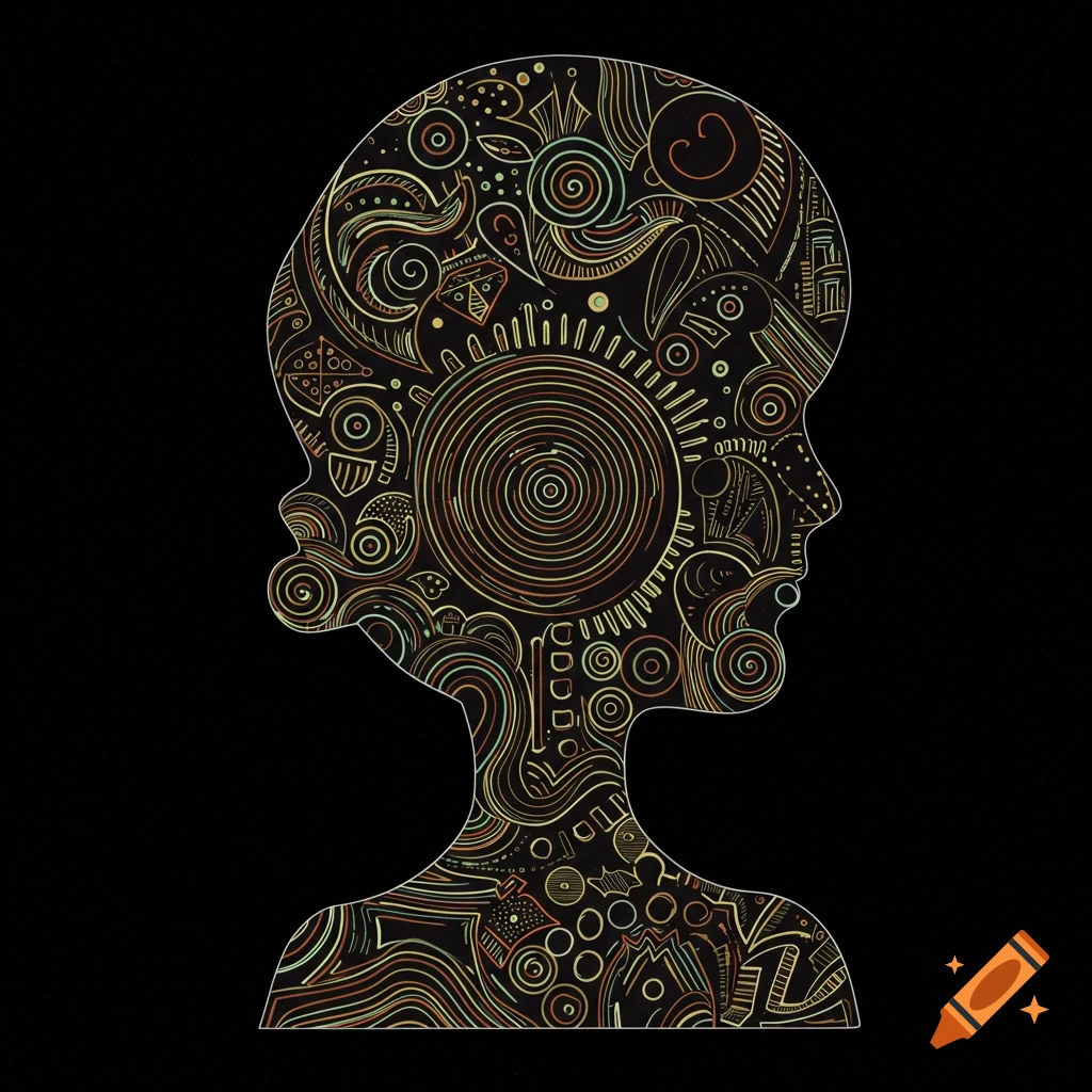 An abstract silhouette filled with intricate patterns on a black background.