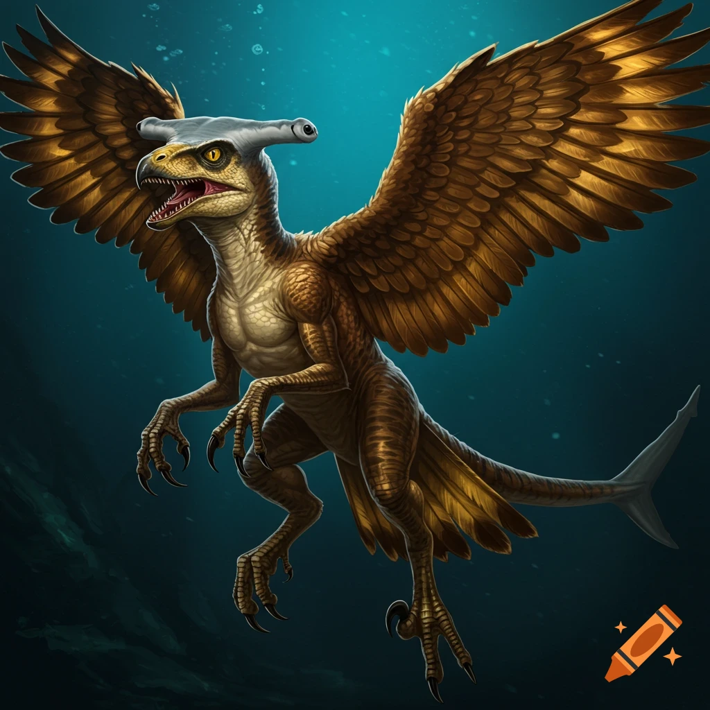A hybrid creature with a hammerhead shark head, velociraptor body, falcon wings, and shark tail swimming underwater.