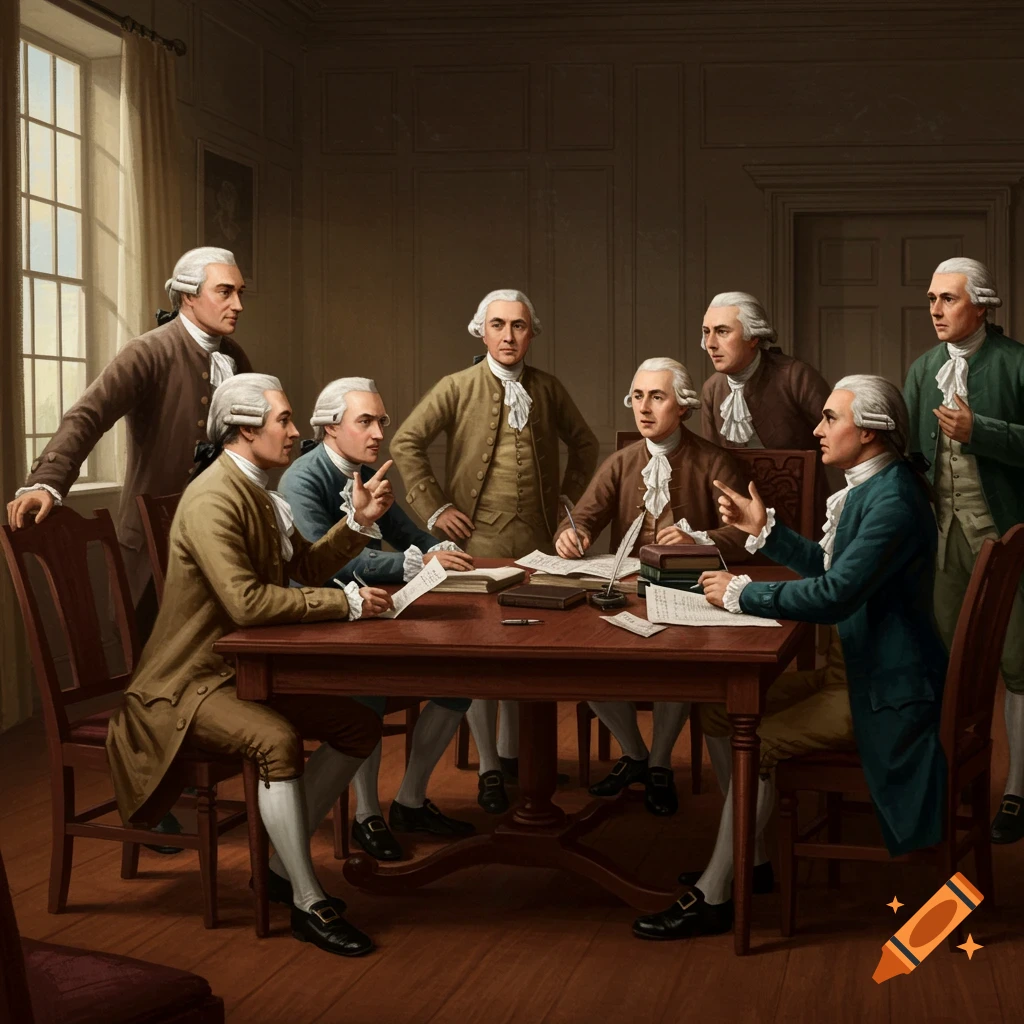 Men in 18th-century attire are seated around a table with documents.