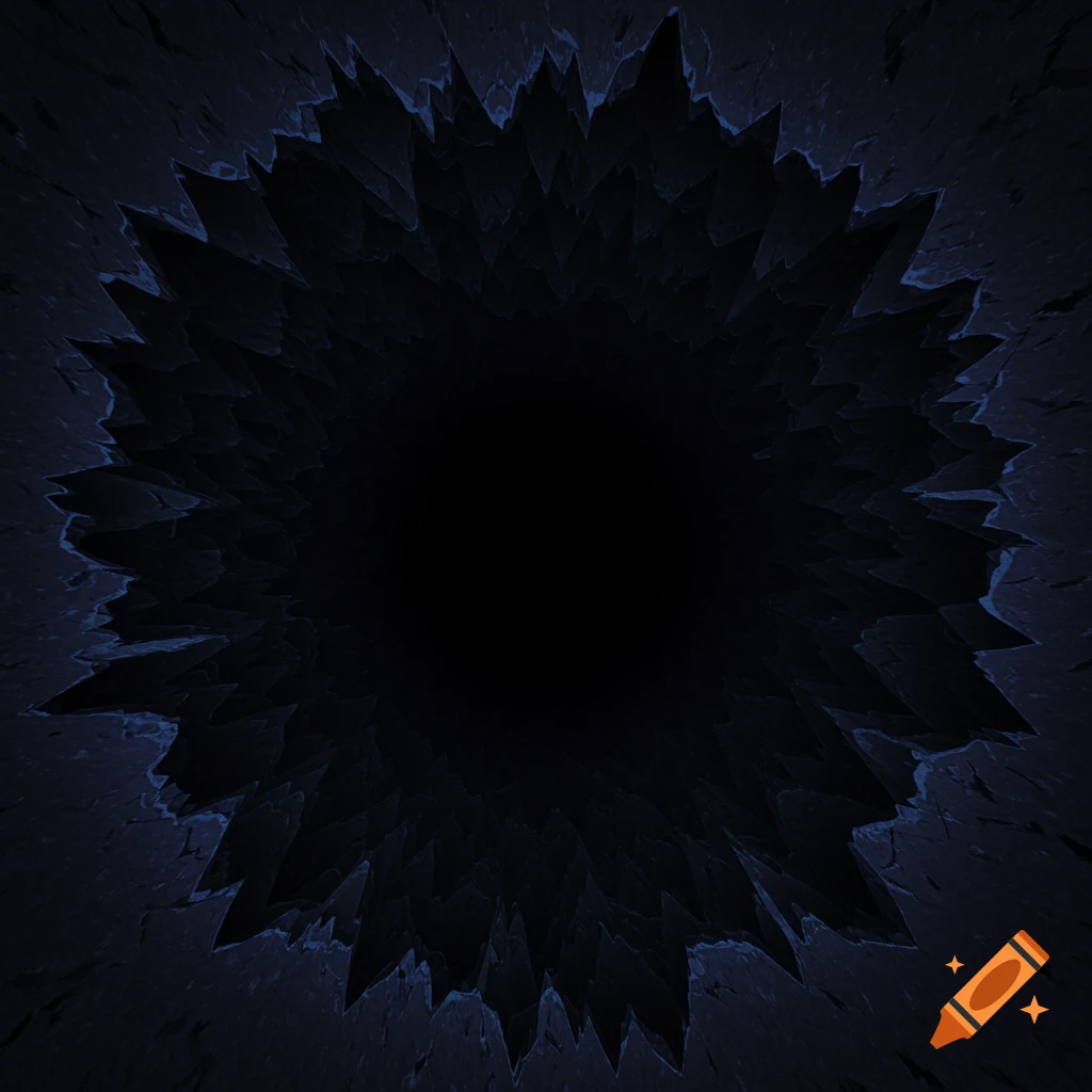 A deep, dark hole with jagged edges with hints of blue and purple.