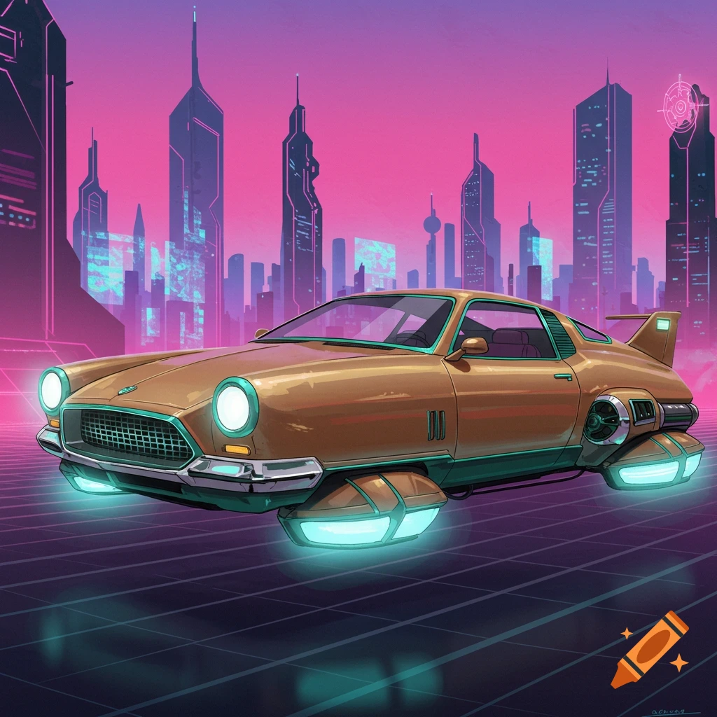 A retro-futuristic hover car floats above a grid in a synthwave city skyline.