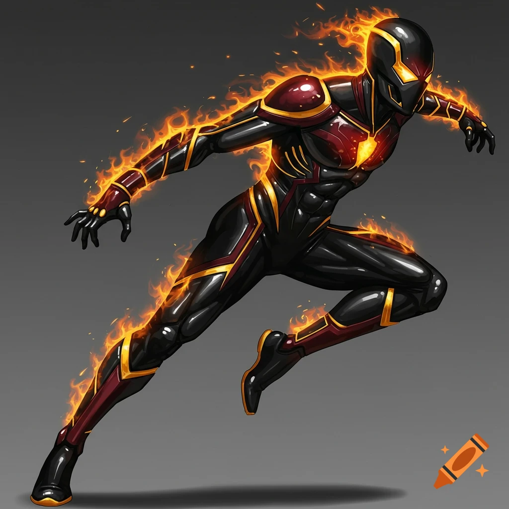 A character in a black and red superhero suit with gold accents, covered in flames, running forward.