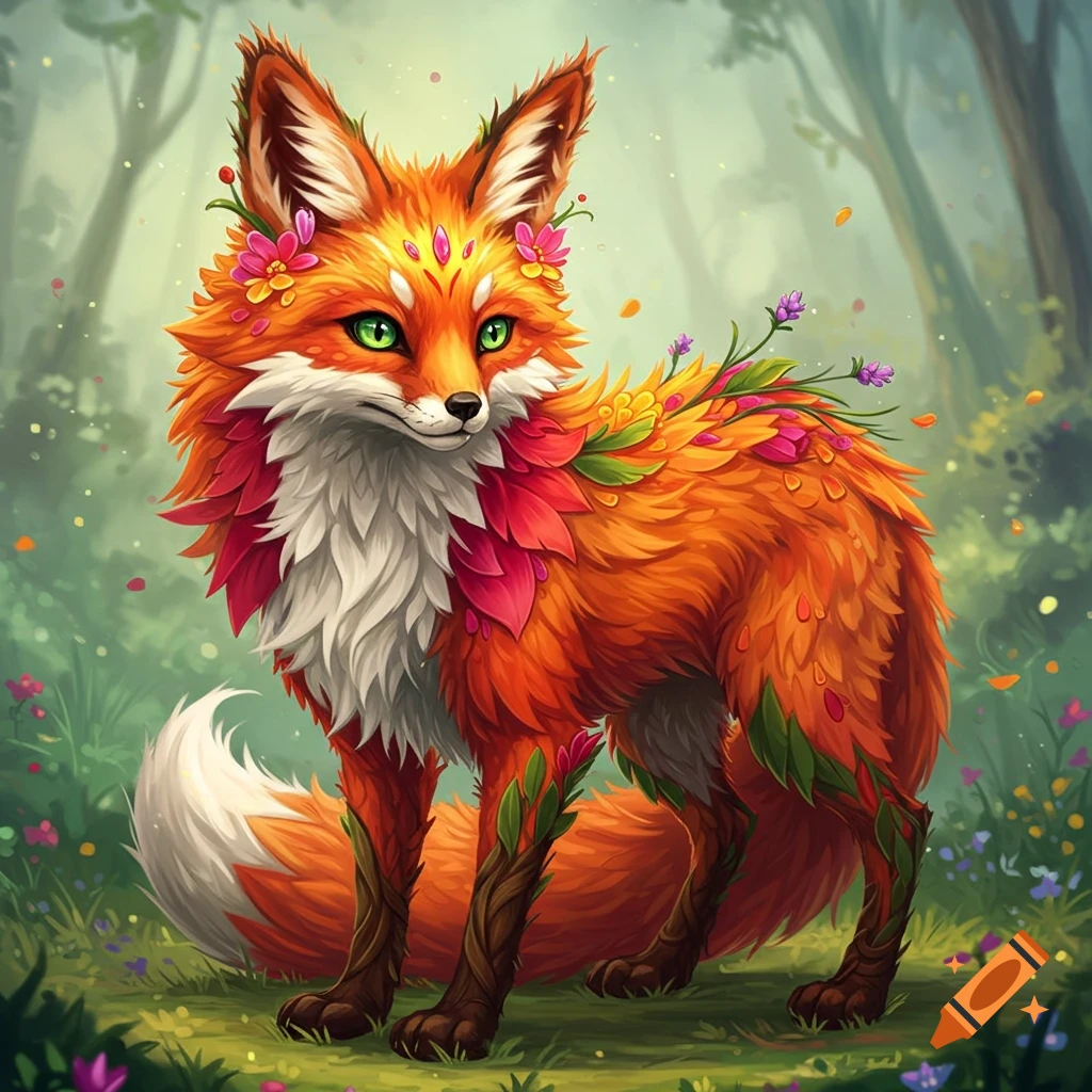 A vibrant fantasy flower fox standing in a forest clearing.