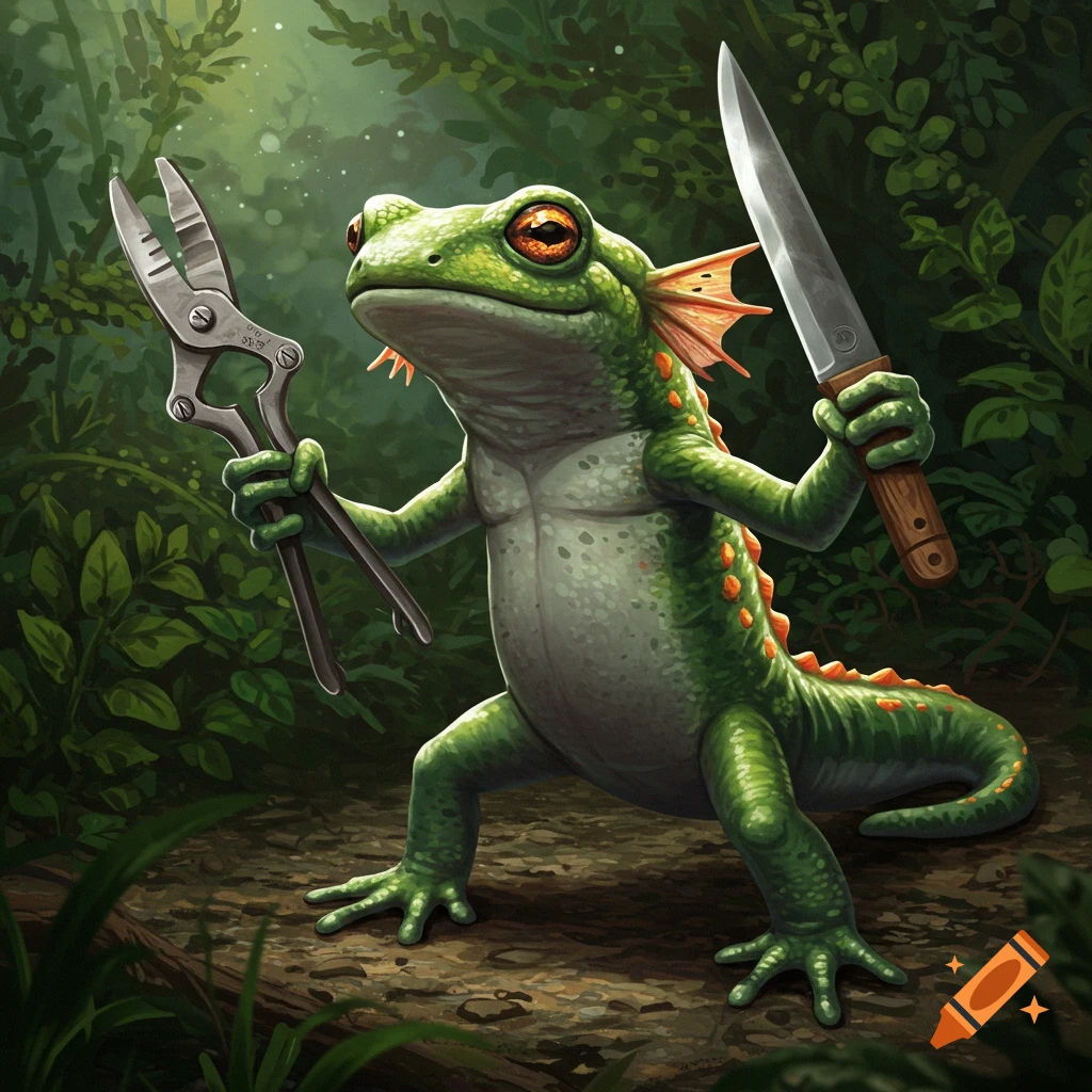 A green salamander creature in a forest holds metal clippers and a knife.