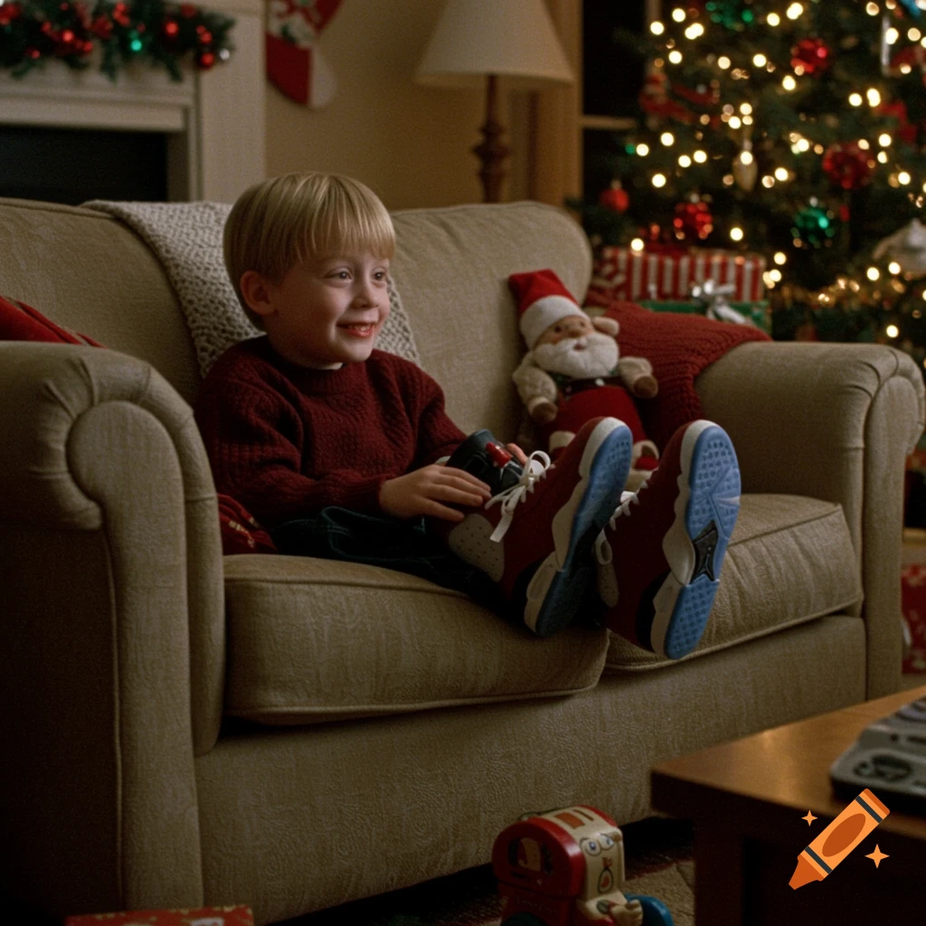 A young boy sits on a couch in a Christmas living room, wearing a red sweater and sneakers.