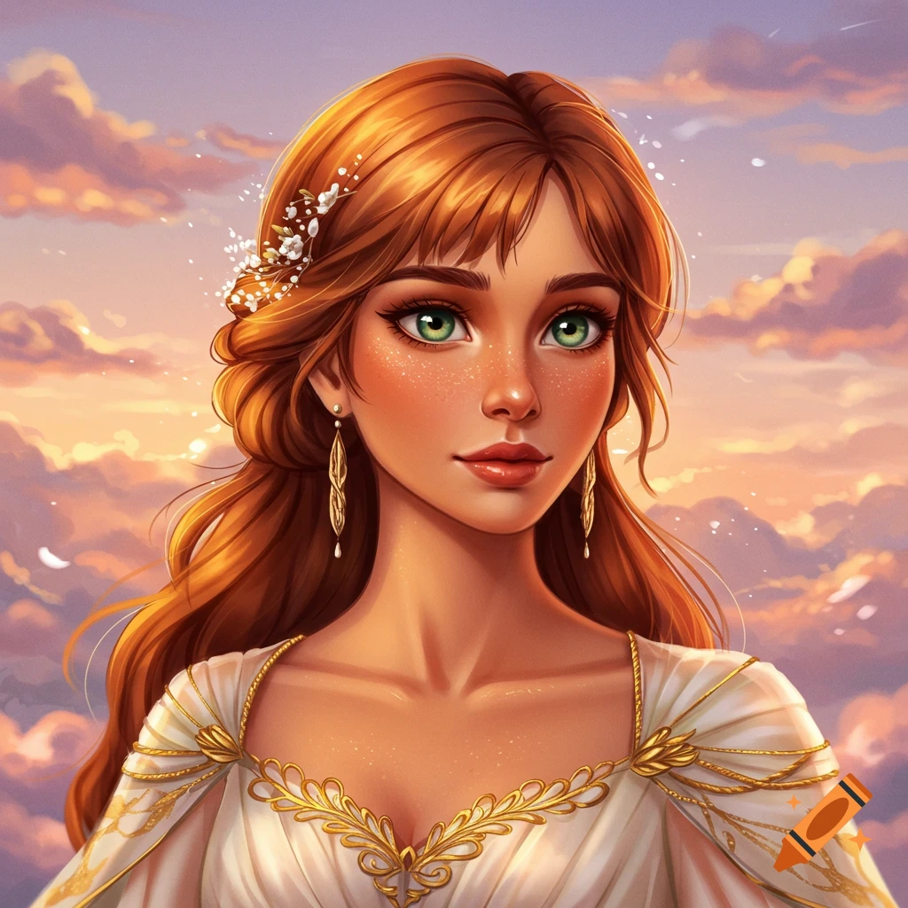 A woman with red hair and green eyes in a white fantasy dress against a cloudy sunset.