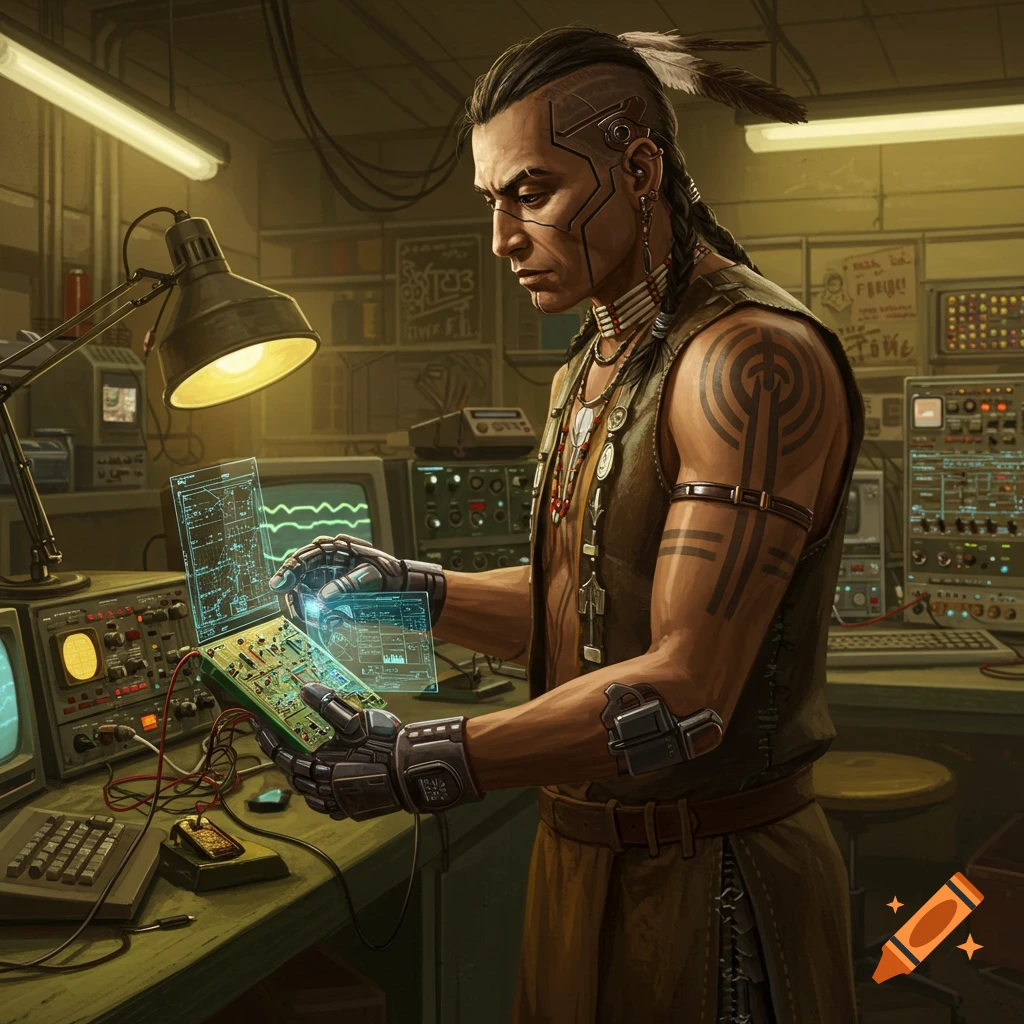 A man with Native American and cyberpunk features works on a circuit board in a retro electronics lab.