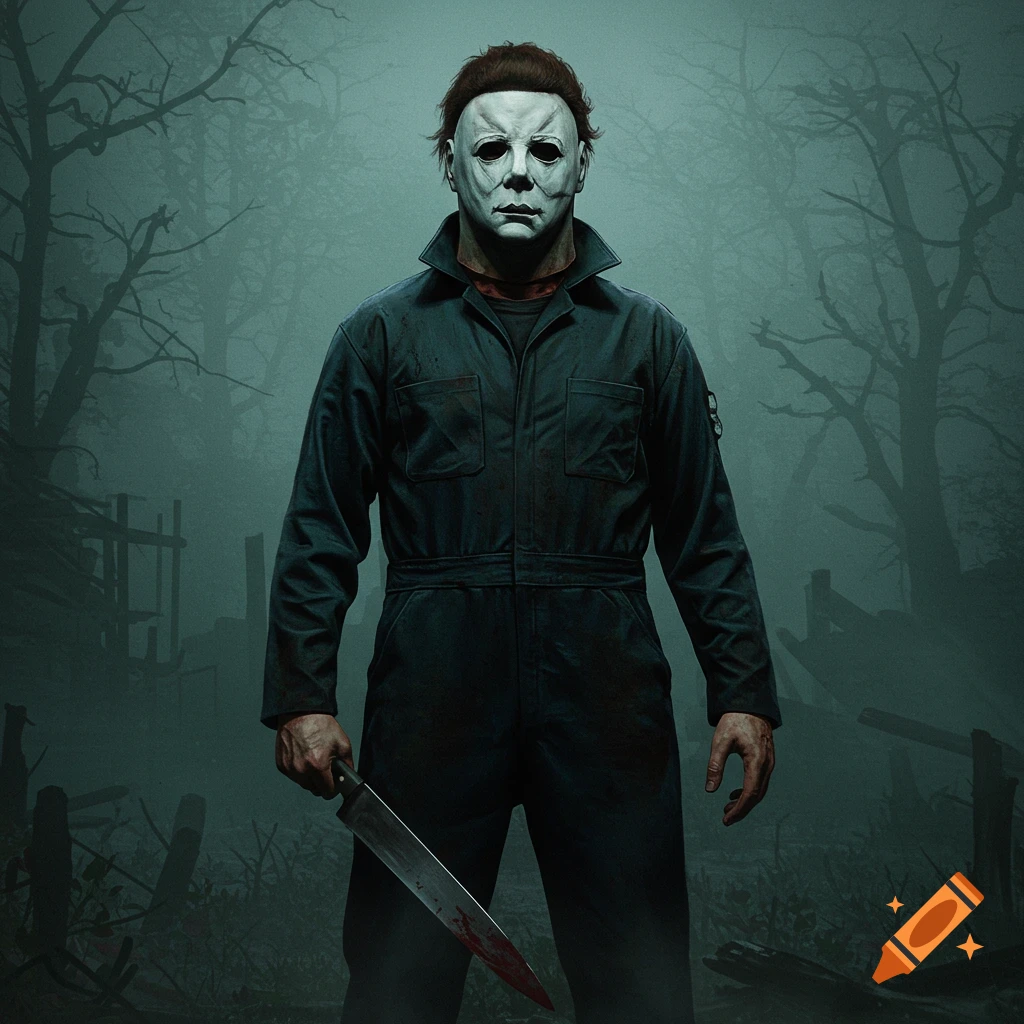 Michael Myers holding a bloody knife in a foggy forest.