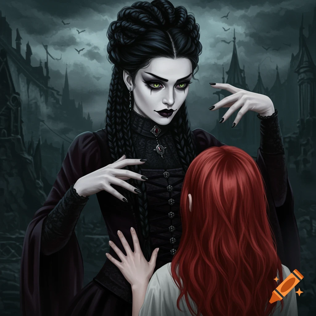 A pale-skinned gothic woman with dark hair reaches towards a red-haired woman in a dark gothic setting.