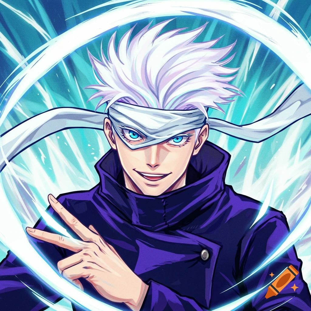 Anime image of Satoru Gojo with white hair, blindfold, purple jacket, and blue energy effect.