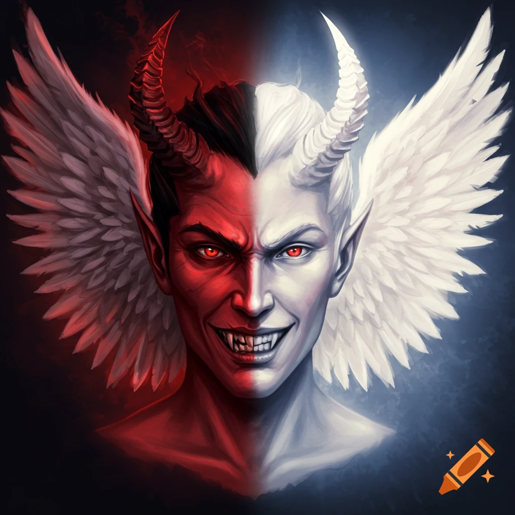 A face split vertically, with one side red like a devil and the other white like an angel, both with horns and wings.