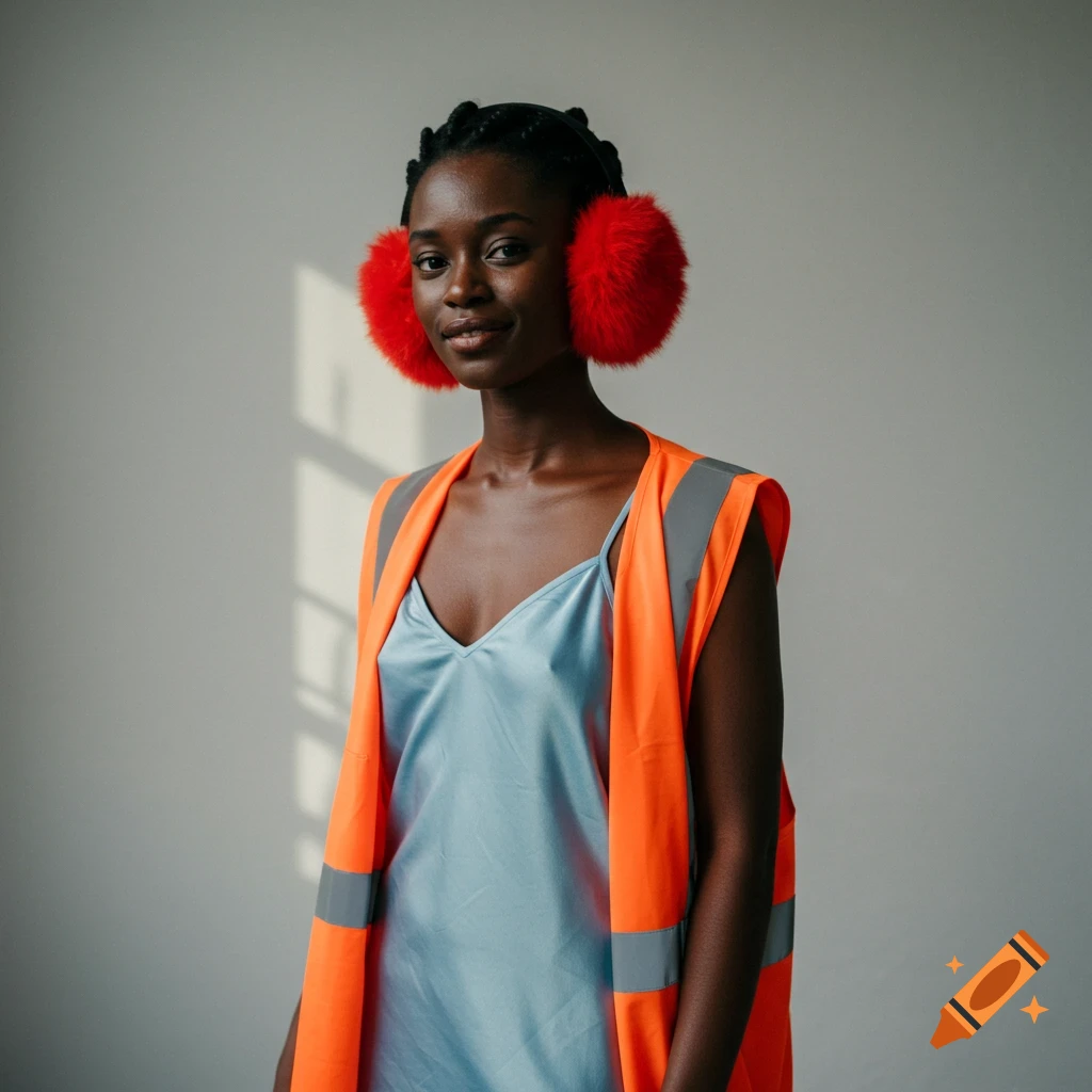 A Black woman wears a blue slip dress, red fuzzy earmuffs, and an orange safety vest in a photograph.