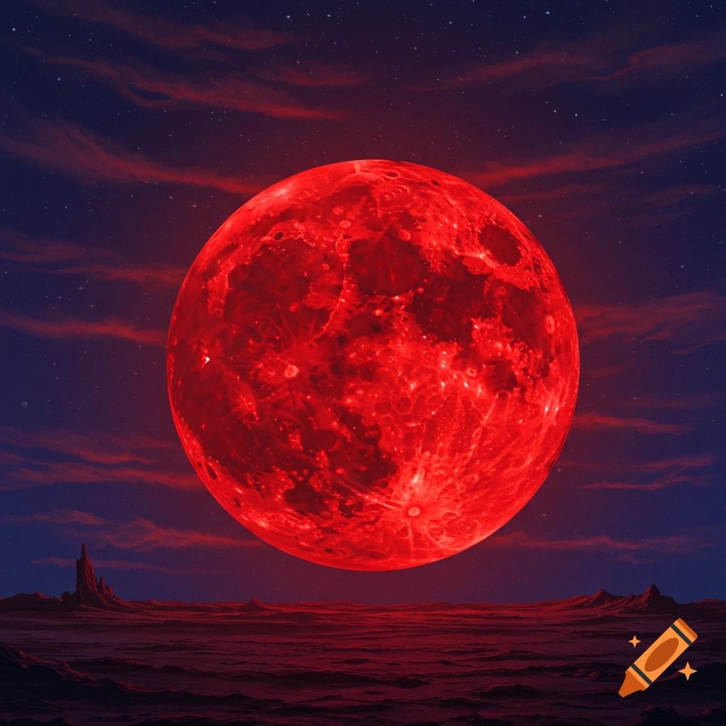 A large red moon hangs over a barren landscape at night.