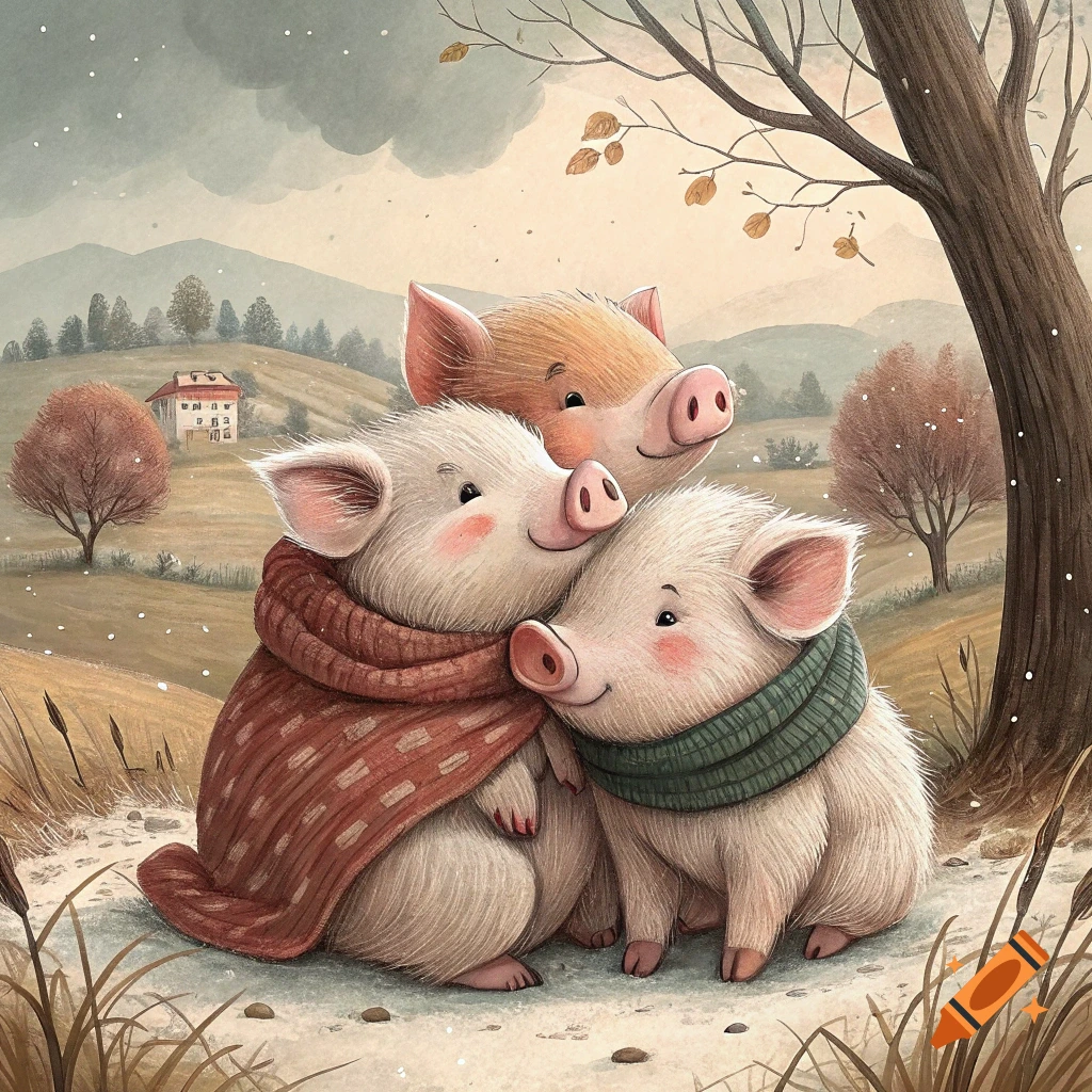 Illustration of three cute pigs wearing scarves and huddling together in an autumn landscape.