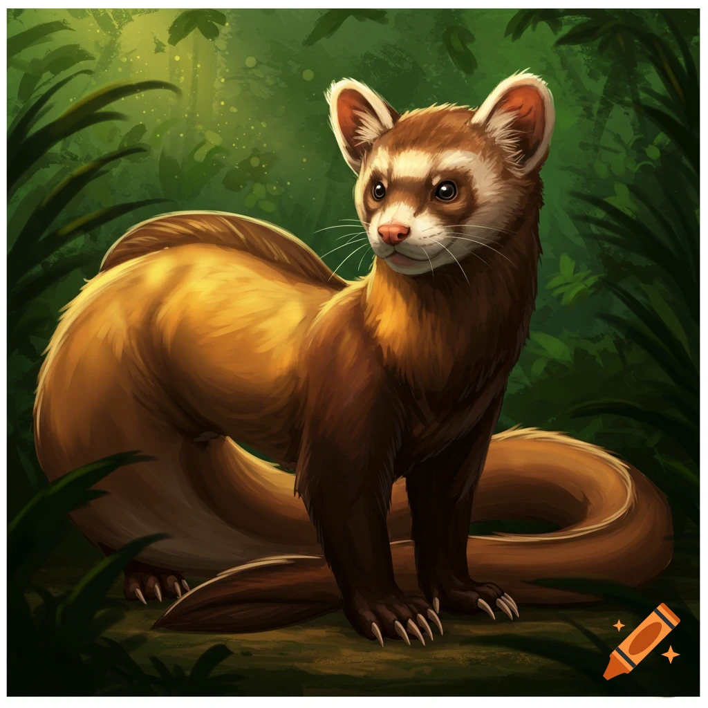 A fantasy creature with a ferret-like head and an eel tail is in a forest