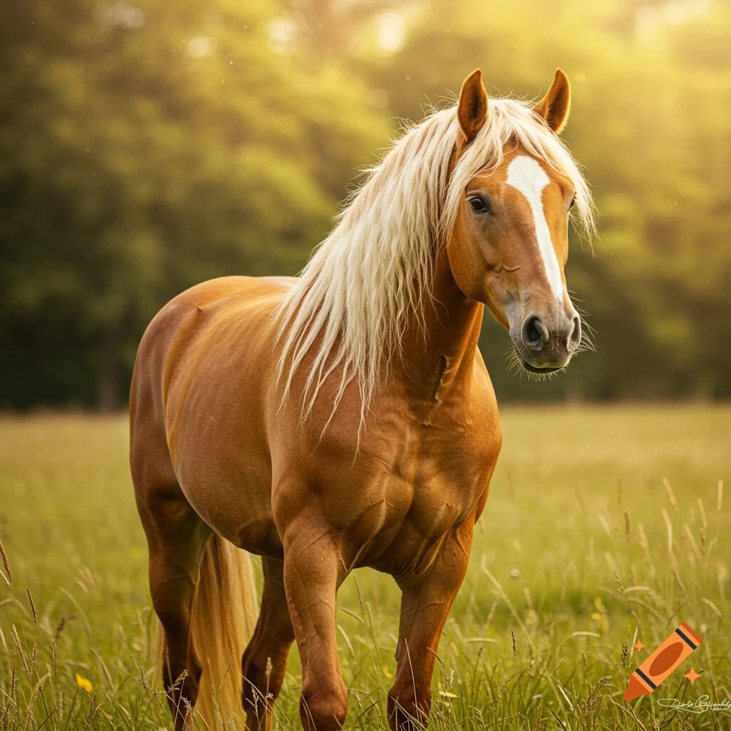 Palomino horse with long mane standing in a grassy field