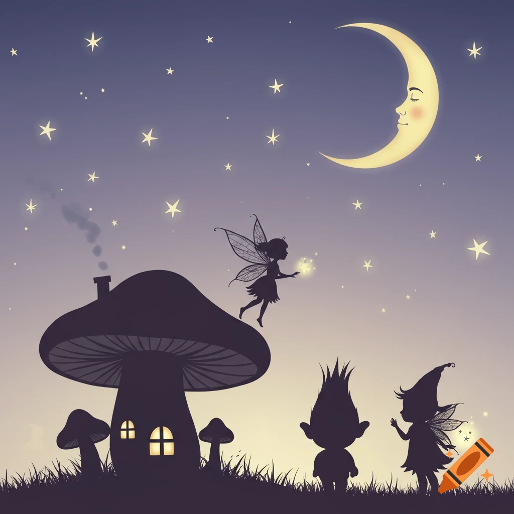 Silhouette illustration of fairies, a troll, and a mushroom house under a starry sky with a crescent moon.