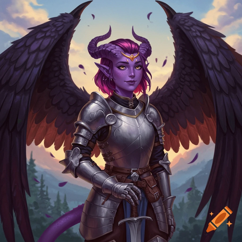 A purple tiefling woman in armor with large dark wings holding a sword.