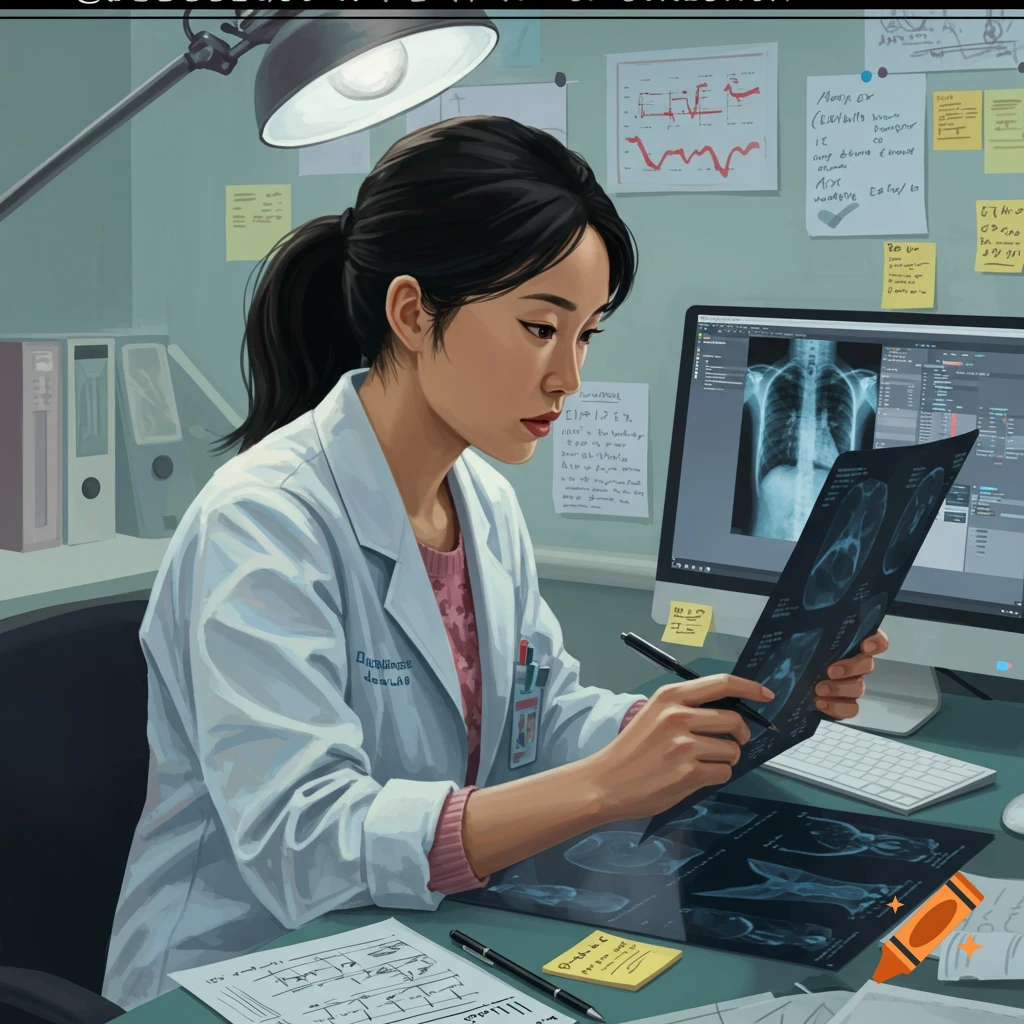 An Asian medical technician examines X-rays in an office.