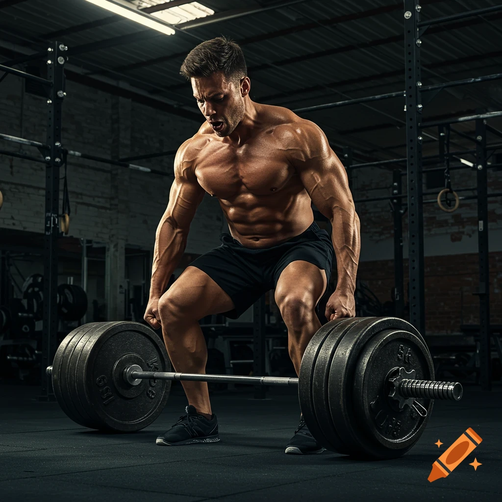 Muscular man lifting a heavy barbell in a gym.