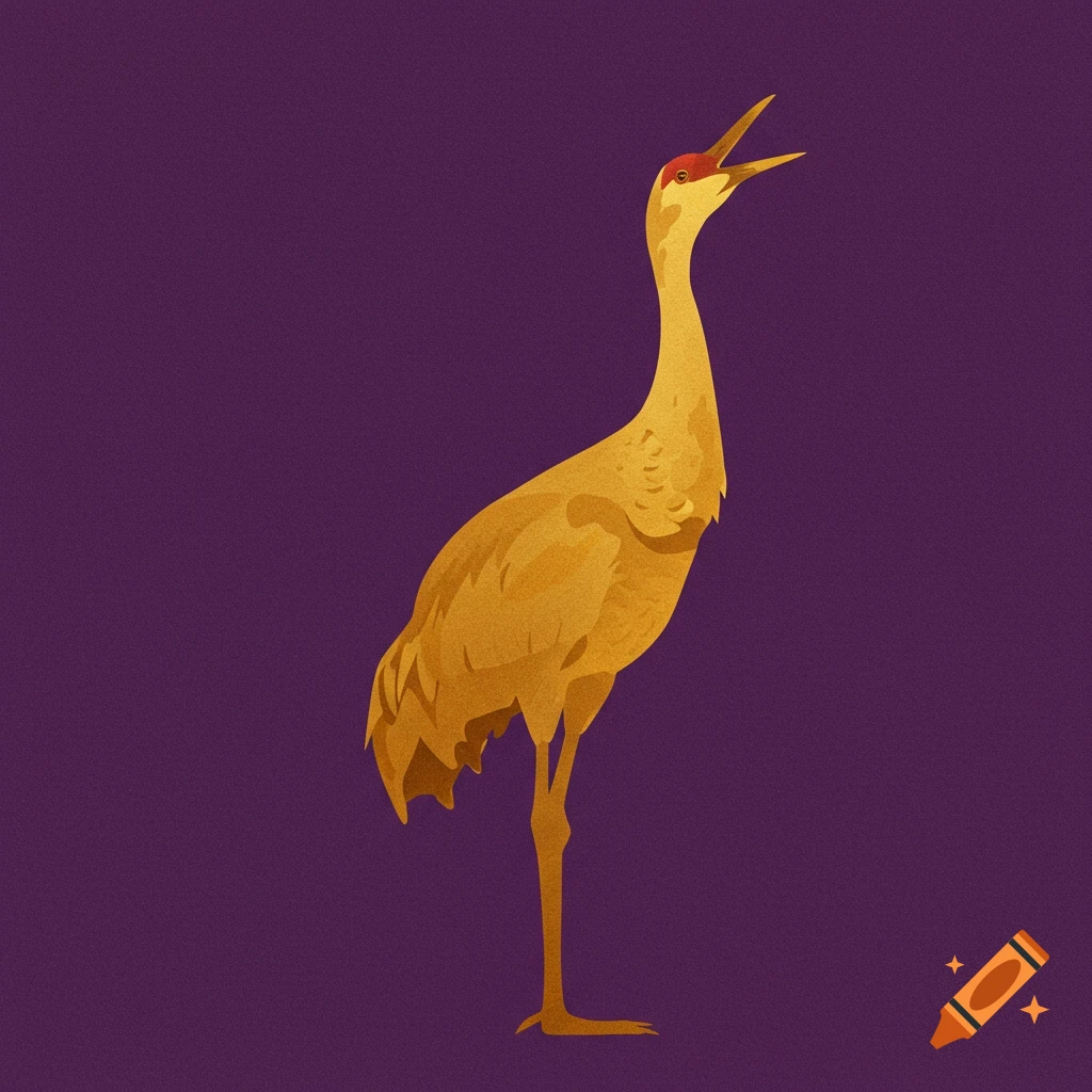 A stylized representation of a sandhill crane in gold with a red head against a purple background.