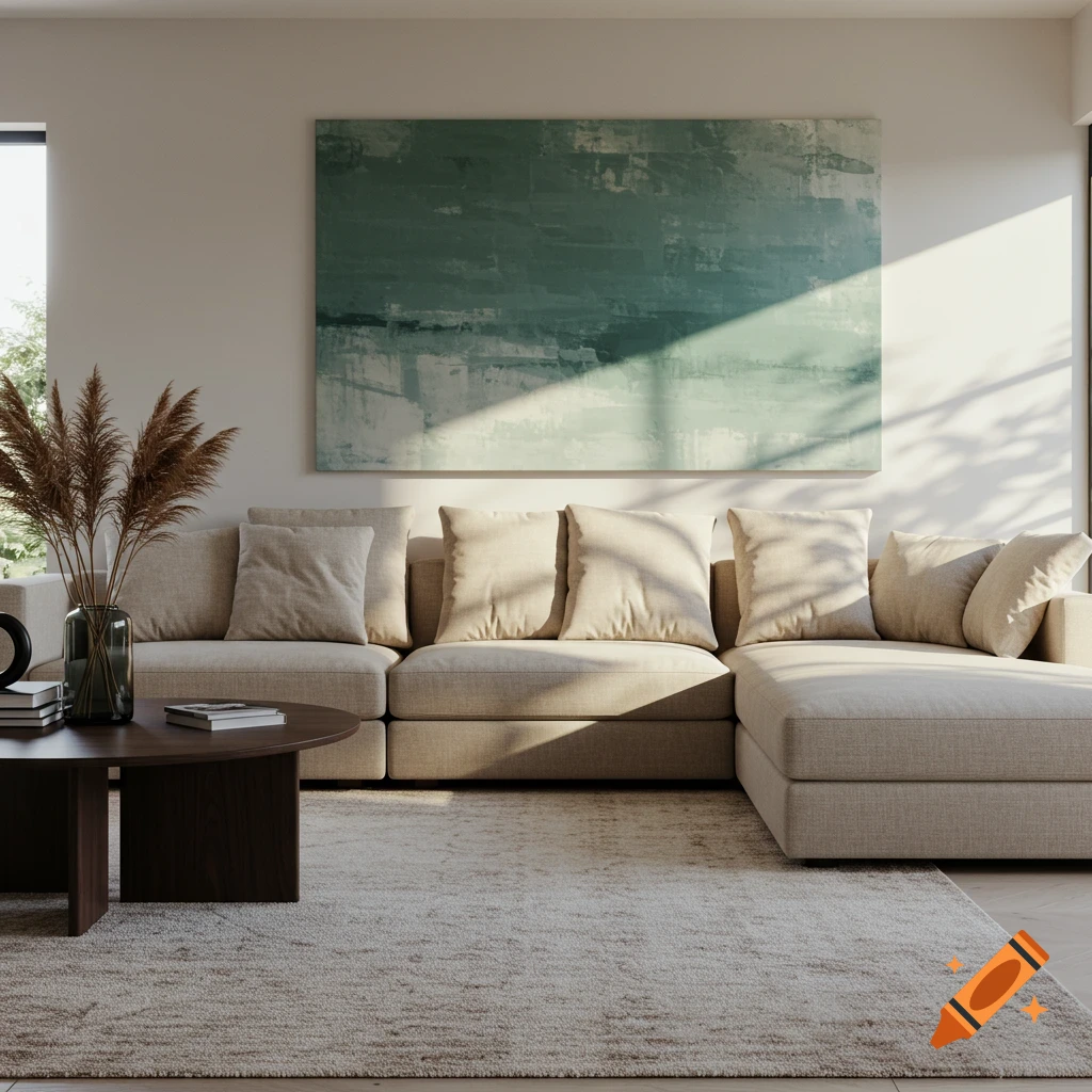 A modern living room interior featuring a beige sectional sofa, coffee table, rug, and abstract painting.