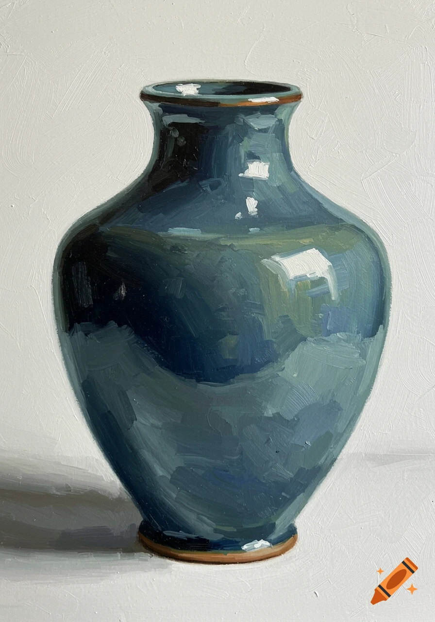 Oil painting of a blue vase.
